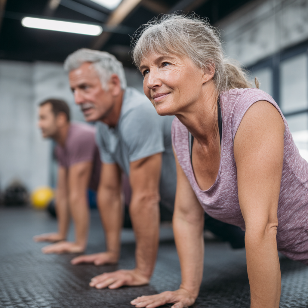 Middle-aged adults performing functional strength exercises in a calm, well-lit training space