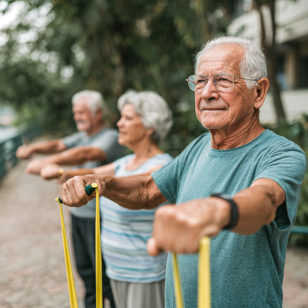 Older adults engaged in gentle strength training with resistance bands in a peaceful outdoor setting